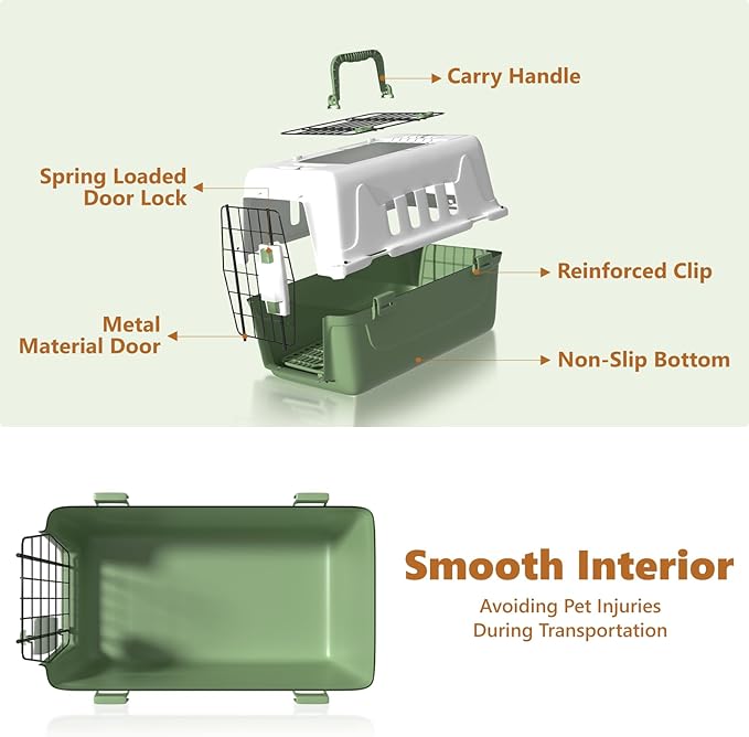Athena Collection 18" Hard-Sided Travel Pet Carrier for Small Dogs and Cats, Plastic Dog Carriers with 2-Door Top & Front Load, Ventilation, Security Lock, Cat Dog Carrier for Pet, up to 10lbs, Green