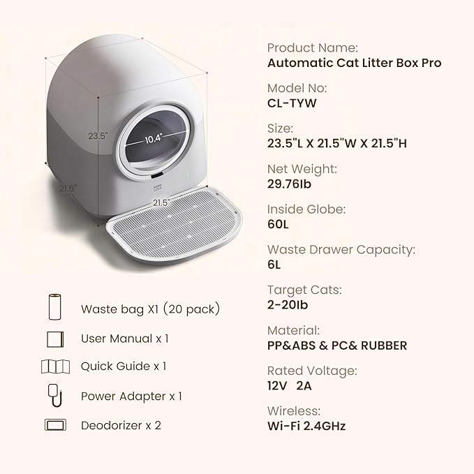 Self-Cleaning Litter Box Automatic Electronic Hands-Free Smart Robot self Cleaning Litter Box - Large 60L Capacity, Safe Anti-Pinch,with Deodorizer and Liner,for Multiple Cats (Grey Pro)
