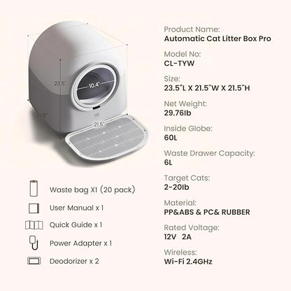 Self-Cleaning Litter Box Automatic Electronic Hands-Free Smart Robot self Cleaning Litter Box - Large 60L Capacity, Safe Anti-Pinch,with Deodorizer and Liner,for Multiple Cats (Grey Pro)