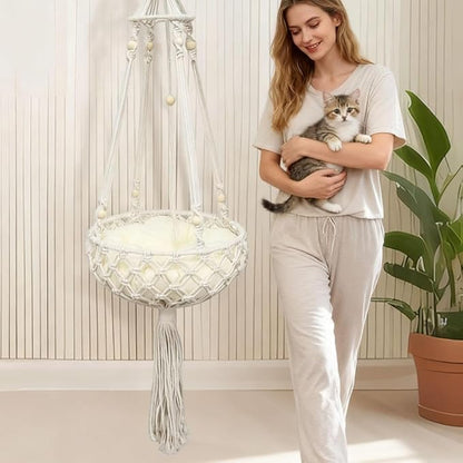Cat Hammock Bed, 12x43Inch Handwoven Hanging Boho Cat Bed with Hanging Kit for Indoor Outdoor Home Decor Ceiling Swing for Playing Sleeping Climbing and Lounging, Wall Furniture (Round+Pad)