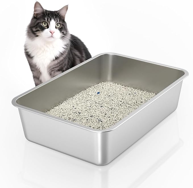 Stainless Steel Cat Litter Box, 6in Cat Litter Pan for Large Cats and Rabbits, Extra Large Metal Litter Box High Sides Odor Control Anti-Corrosion Nonstick