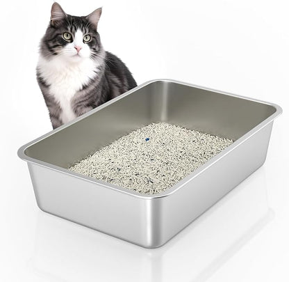 Stainless Steel Cat Litter Box, 6in Cat Litter Pan for Large Cats and Rabbits, Extra Large Metal Litter Box High Sides Odor Control Anti-Corrosion Nonstick