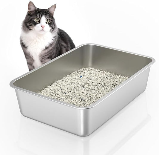 Stainless Steel Cat Litter Box, 6in Cat Litter Pan for Large Cats and Rabbits, Extra Large Metal Litter Box High Sides Odor Control Anti-Corrosion Nonstick
