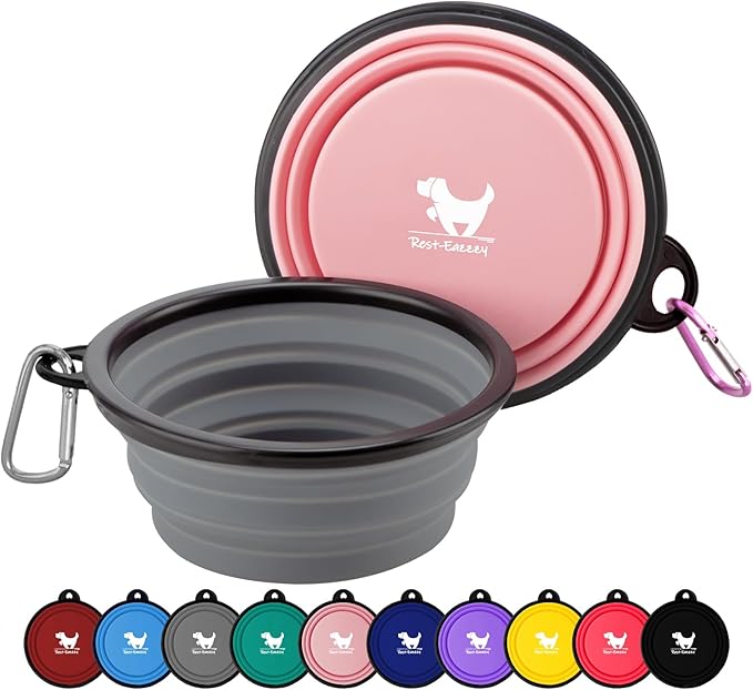 Collapsible Dog Bowls for Travel, 2-Pack Dog Portable Water Bowl for Dogs Cats Pet Foldable Feeding Watering Dish for Traveling Camping with Carabiners, BPA Free (Grey&Pink, Large)