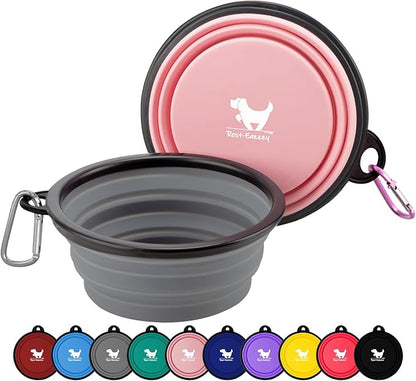 Collapsible Dog Bowls for Travel, 2-Pack Dog Portable Water Bowl for Dogs Cats Pet Foldable Feeding Watering Dish for Traveling Camping with Carabiners, BPA Free (Grey&Pink, Large)