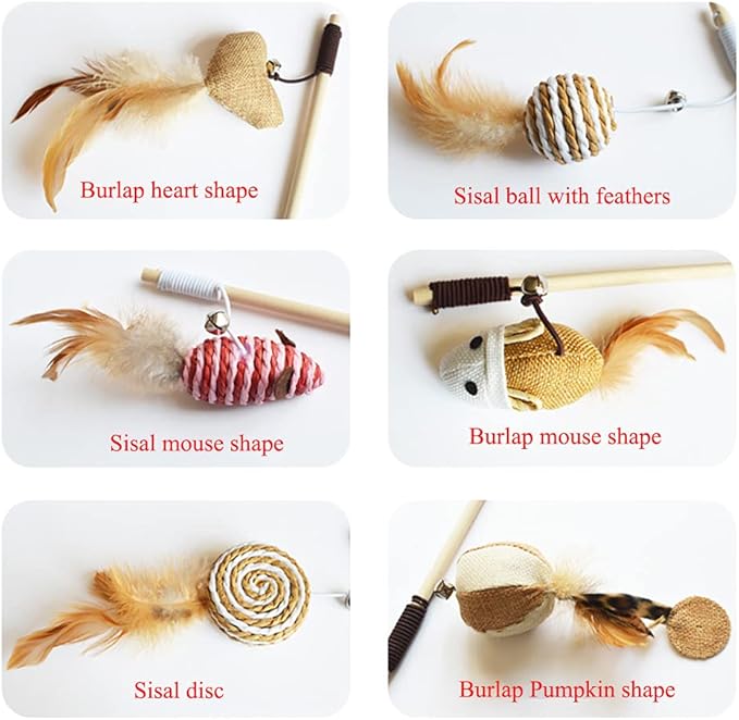 Artshu 6pcs 40cm Feather Linen Wand Cat Catcher Teaser Stick Interactive Toys Wood Rod Mouse Toy with Mini Bell