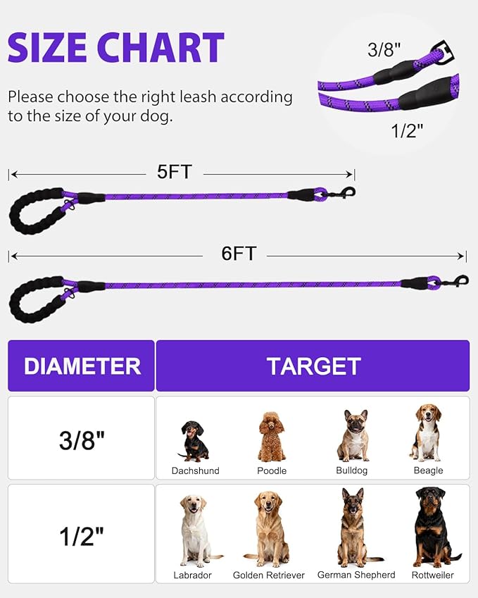 Joytale Dog Leash for Large Dogs, Heavy Duty Nylon Leashes with Comfortable Padded Handle and Highly Reflective Threads, Ideal for Walking and Training, Purple, 6'×1/2''