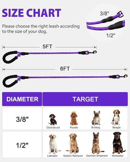 Joytale Dog Leash for Large Dogs, Heavy Duty Nylon Leashes with Comfortable Padded Handle and Highly Reflective Threads, Ideal for Walking and Training, Purple, 5'×1/2''