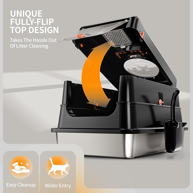 Stainless Steel Cat Litter Box with Lid, Extra Large Enclosed Metal Litter Pan with High Sides, Full Flip Cover Litter Box for Large Cat, Include Scoop & Step, Leak Proof Easy Clean Odor Control-Black
