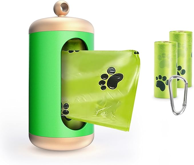 Dog Poop Bag Dispenser, Upgraded Aluminum Poop bag Holders for Leashes, Durable Leakproof Pet Waste Holder w/Carabiner Clip, 2 Rolls Waste Bags Included, Outdoor Dog Walking Travel (Green)