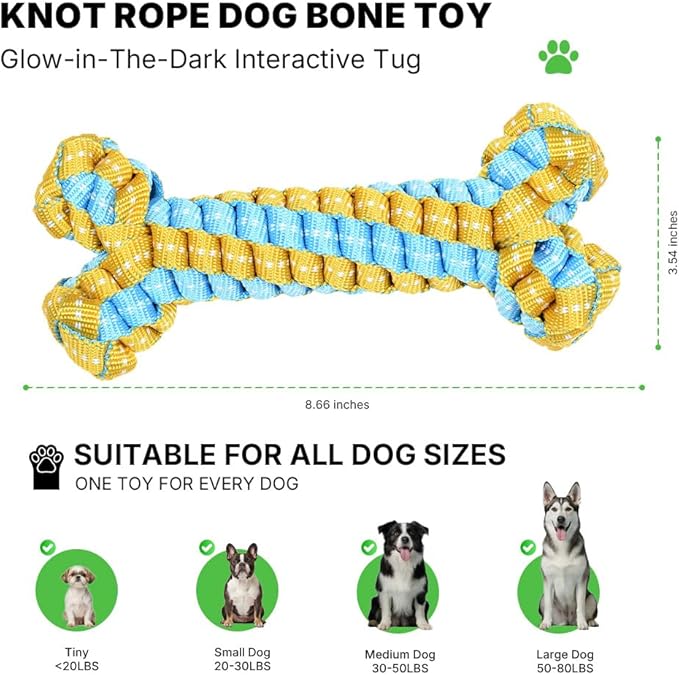 Knot Rope Dog Bone Toy - Glow in The Dark Interactive Dog Chew Toy, Pet Teeth Cleaning Dental Toy for Small, Medium, and Large Dogs - Durable Material, 8.6 inches