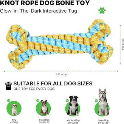 Knot Rope Dog Bone Toy - Glow in The Dark Interactive Dog Chew Toy, Pet Teeth Cleaning Dental Toy for Small, Medium, and Large Dogs - Durable Material, 8.6 inches