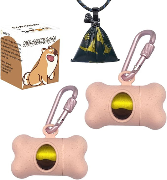 Bone-Shaped Dog Poop Bag Holder for Leash |Dispenser with 30 Leak-Resistant Waste Bags & Carabiner Clip (2 Pack Pink)