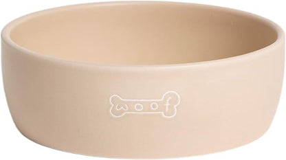 Pearhead Ceramic Dog Bowl – Neutral Taupe “Woof” Design, Holds 2.5 Cups, Non-Skid Stoneware Pet Feeding Dish, 20 oz, Medium