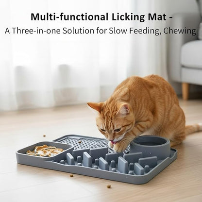 Interactive Silicone Lick Mat for Cats and Dogs – Slow Feeding Pad with Water Bowl, Non-Spill Suction Cup Bowl, Gray (Gray)