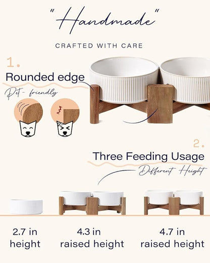 Getstar Ceramic Dog Bowls Set with Acacia Wood Stand, 3.5 Cups Pet Bowls Set of 2 for Medium Dogs, Cute Dog Food Bowl, Cat Bowls