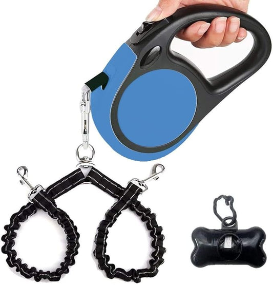 Dual Retractable Dog Leash Small Breed (Up to 44 Lbs Each) - Double Headed 16 ft Extendable Pet Leash with Poop Bags, Non Slip Grip - One Button Break & Lock, 360° Tangle-Free (Blue, Medium)