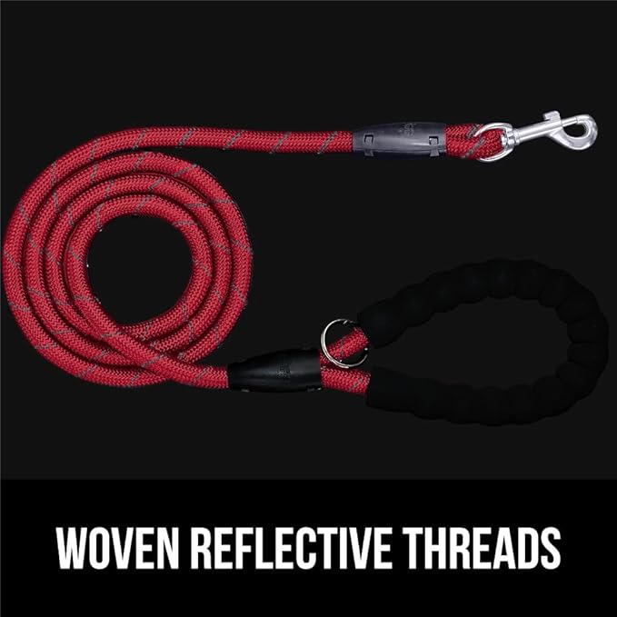 GORILLA GRIP Dog Leash, Heavy Duty Reflective Rope Leashes for Large, Medium, Small Breed Dogs, Puppy Training Essential for Walks, Hikes, Soft Handle, Rotating Metal Clip, Waste Bag Dispenser, Red