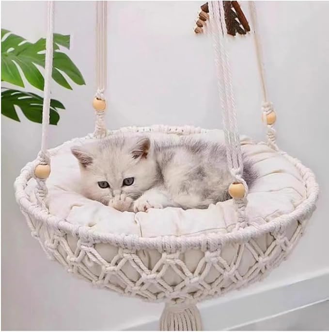 Macrame Cat Hammock, Hanging Bed with Cushion, Boho Style Cotton Rope Swing, White Handwoven Pet Furniture for Indoor Cats (1 White (Cushion Included), Inside Diameter 40)