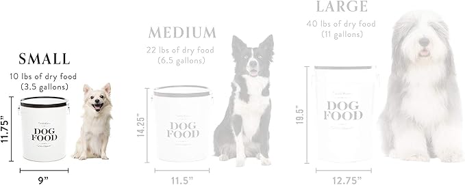 Harry Barker Bon Chien Dog Food Storage Canister – Small 3.5 gallons, Airtight Stainless Steel Pet Food Container, Stylish Kitchen Counter Dog Kibble Storage with Easy-Open Lid - White