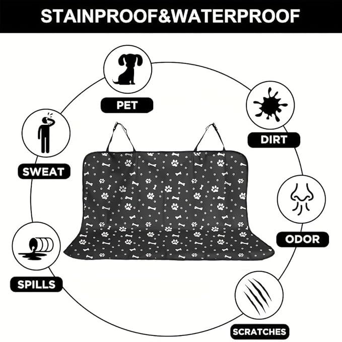 Pet Car Seat Cover, Waterproof Back Seat Protector with Paw Print Design, Black