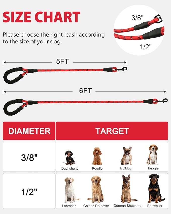 Joytale Dog Leash for Large Dogs, Heavy Duty Nylon Leashes with Comfortable Padded Handle and Highly Reflective Threads, Ideal for Walking and Training, Red, 6'×1/2''