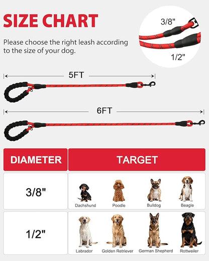 Joytale Dog Leash for Large Dogs, Heavy Duty Nylon Leashes with Comfortable Padded Handle and Highly Reflective Threads, Ideal for Walking and Training, Red, 6'×1/2''