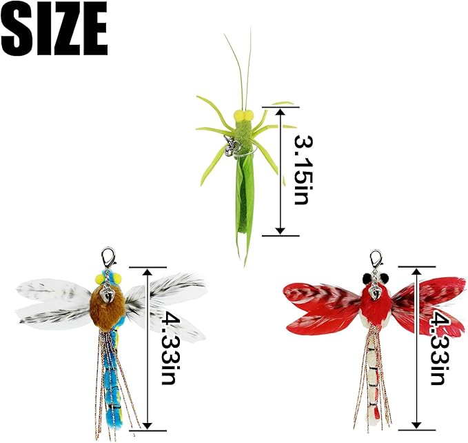 TTcat Cat Feather Toys, 3 Pcs Simulation Insects Dragonfly Grasshopper Refills, Cat Toys Replacement Feathers for Cat Kitten Wand.