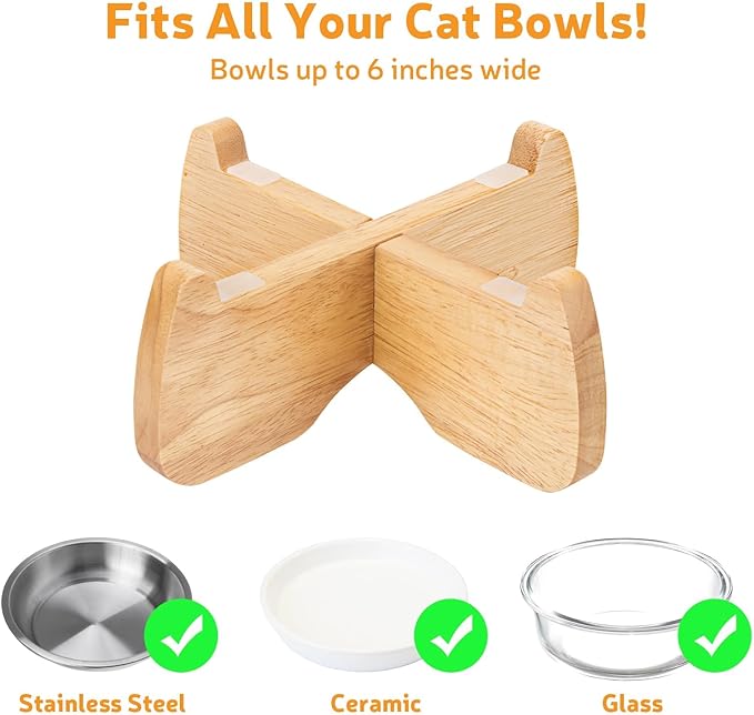 Elevated Cat Bowl Stand, 6.1" Diameter 3.5" High Rubberwood Stand for Cat Dish, Detachable Raised Bowl Holder with Non-Slip Pads, Anti Vomiting, Ergonomic Wooden Pet Feeder Holder for Cats