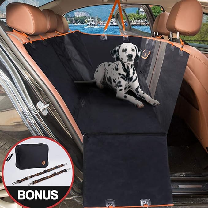 Dog Car Seat Cover, Convertible Dog Hammock Scratchproof Pet Car Seat Cover with Mesh Window, Storage Bag and Seat Belts, Durable Nonslip Dog Seat Cover for Cars Trucks SUVs (Black)