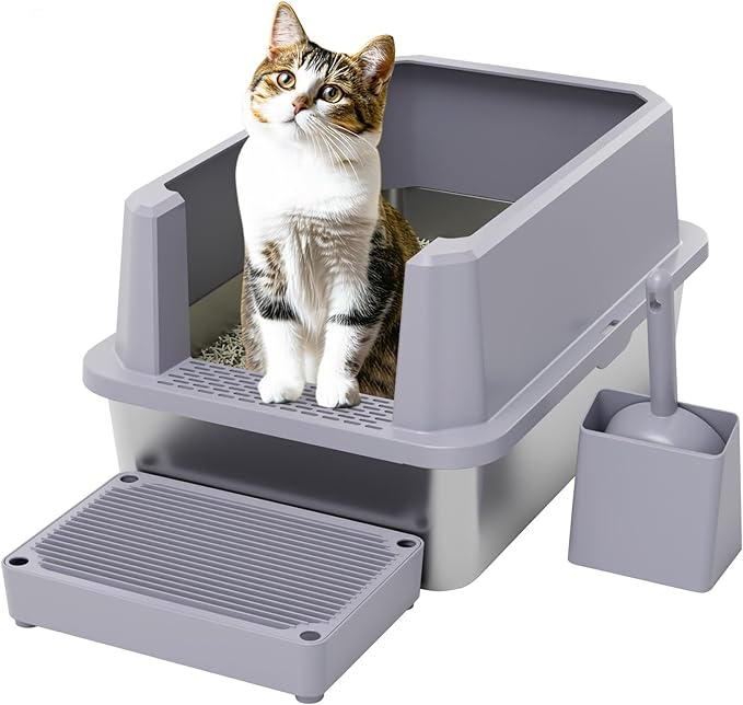 RIZZARI Open Cat Litter Box: Large Gray Stainless Steel Litter Pan 23.8" x 15.9" x 12.4" - High Sided Splash-Proof Easy Clean Toilet for Cats up to 20 lbs - Ideal for - Laundry Areas - Apartments