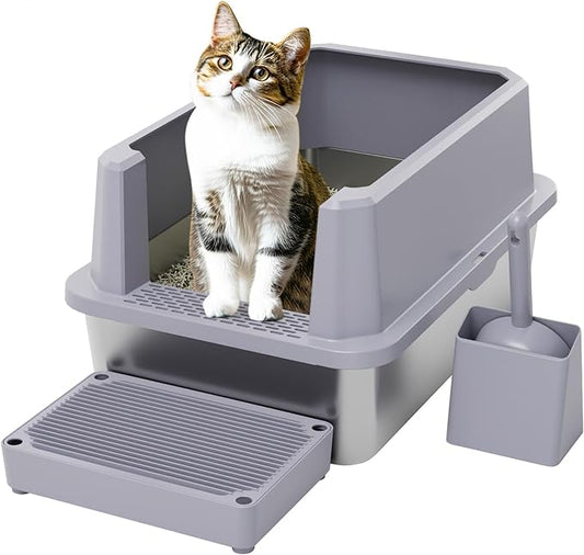 RIZZARI Open Cat Litter Box: Large Gray Stainless Steel Litter Pan 23.8" x 15.9" x 12.4" - High Sided Splash-Proof Easy Clean Toilet for Cats up to 20 lbs - Ideal for - Laundry Areas - Apartments