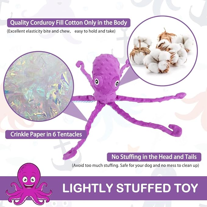 EXPAWLORER Octopus Dog Toy - Best Dog Squeaky Toys Puppy Birthday Gift Soft Stuffed Chew Toy, Crinkle Paper and Built-in Squeaker Durable Interactive Plush Toy for Small Medium Large Dogs, Purple