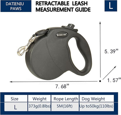 Retractable Dog Leash Hands-Free Adjustable Length 16ft with Safety Lock Durable Nylon Belt for Small Medium Large Dogs Easy Walk Training Portable Dog Leash Black L