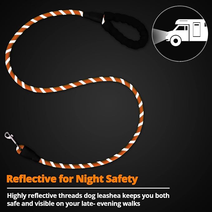 Rope Dog Leash 5 FT: Heavy Duty Leashes with Swivel Lockable Hook Reflective Threads Bungee and Padded Handle - Dog Lead for Large Small Medium Dogs Outside Walking Hiking Orange