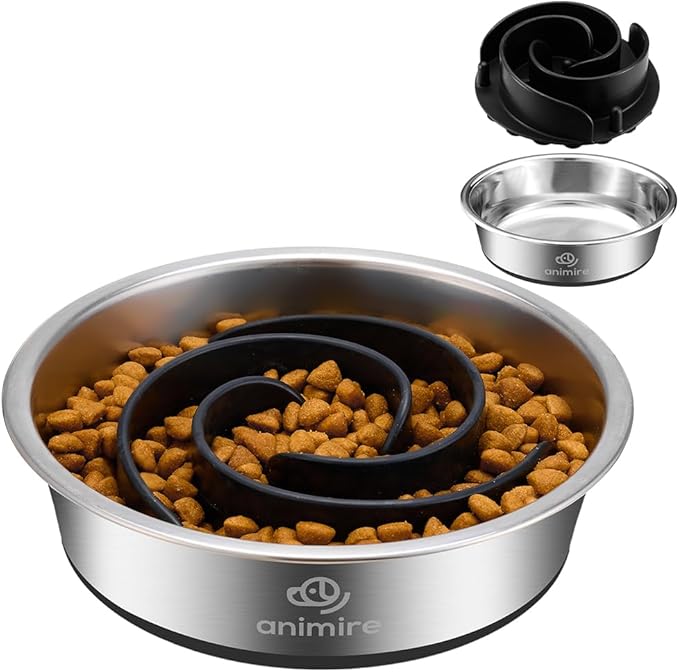 2-in-1 Metal Dog Bowl with Slow Feeder Insert, Stainless Steel Dog Bowls Food Grade 304, Water Food Bowl with Anti-Slip Silicone Base for Small, Medium, Large Dogs