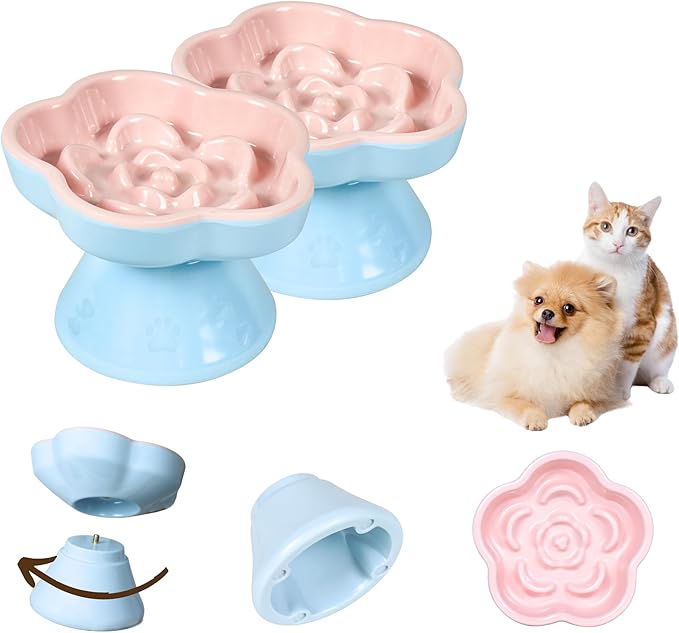 2Pc Raised Slow Feeder Cat Bowl, Melamine Elevated Cat Bowls - Heavy Weighted, Break Resistant, Tilted Slow Feeder Bowl for Cats and Small Dogs, Non-Slip, Dry & Wet Food, Whisker Friendly (Pink, 5.8"