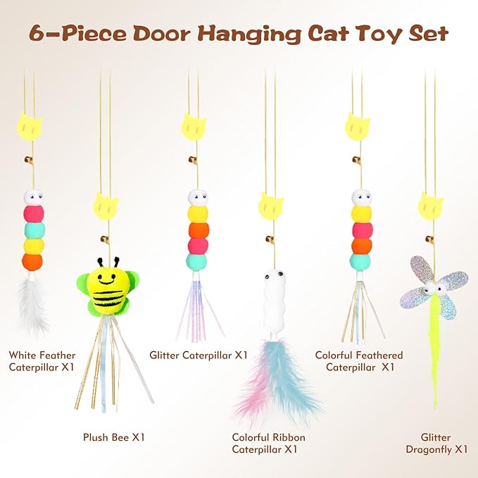 Kerros Interactive Hanging Cat Toy 6 Pcs, Plush Feather Cat Door Toys for Indoor Cats Kittens Self Play Toys for Swatting, Biting, Hunting, Exercise