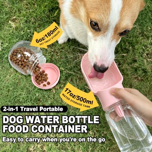 Pink Large Portable Dog Water Bottle(17oz) with Food Container - Image 2