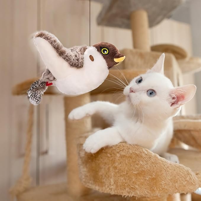 Flapping Bird Cat Toy, Realistic Sparrow Design for Indoor Cats, USB Rechargeable, Bird Sounds, Feather Tail, Plush Embroidered Details for Cats and Dogs