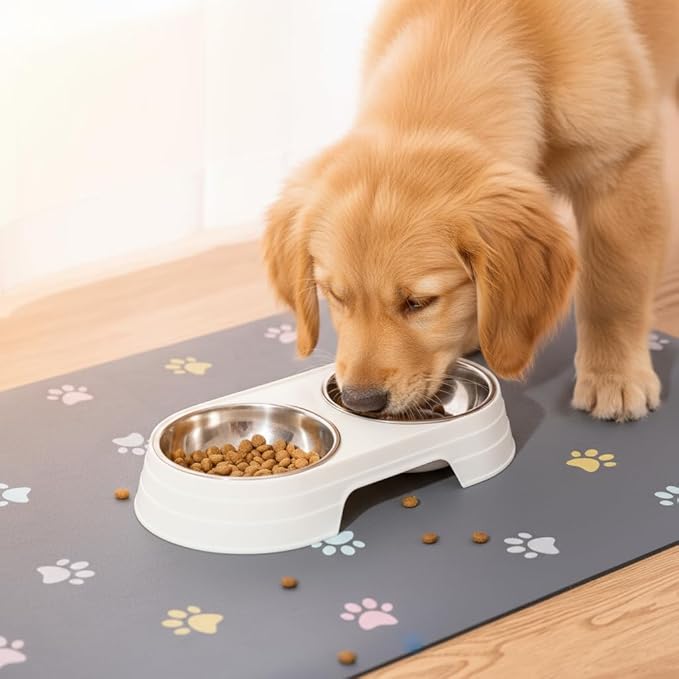 Cat Food Mat Absorbent Dog Mat for Food and Water Non Slip Quick Dry Dog Bowl Mats for Floors 24" X 16" Paw Light Gray