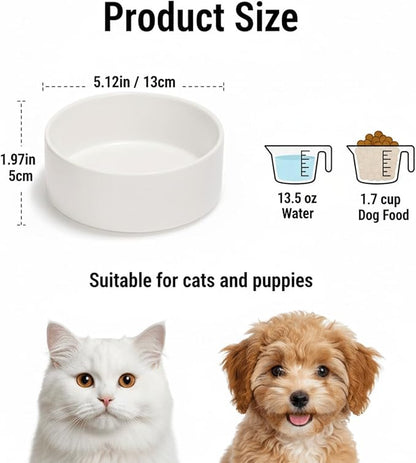 Ceramic Dog and Cat Bowl Modern Cute Weighted Food and Water Bowl Matte Glaze Pet Bowl for Replacement (White, 13.5 OZ)