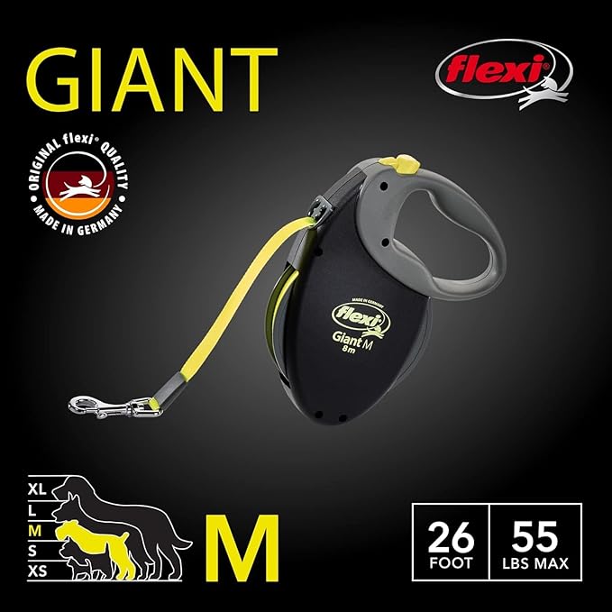 FLEXI Giant Tape Retractable Dog Leashes for Medium Dogs Upto 55 lbs. – 26 ft., Black | Tangle Free Pet Walking Leash with One-Handed Brake, Pause, Lock|German Quality Product
