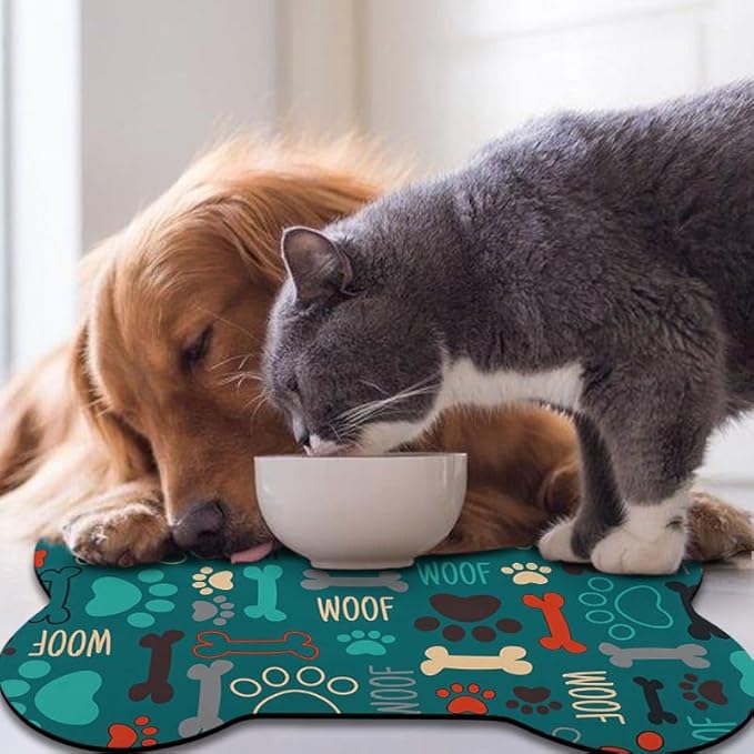Dog Food Mats for Floors Waterproof, Pet Feeding Absorbent Water Bowl Mat Cat Placemats Green Bone Shape 23.6 * 15.7 inch