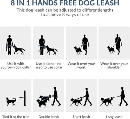 8.2ft Hands Free Dog Leash,Versatile Waist & Crossbody Lead for Medium Dogs,Waterproof & Adjustable for Running Jogging Walking, 360° Swivel Metal Buckle (Blue)