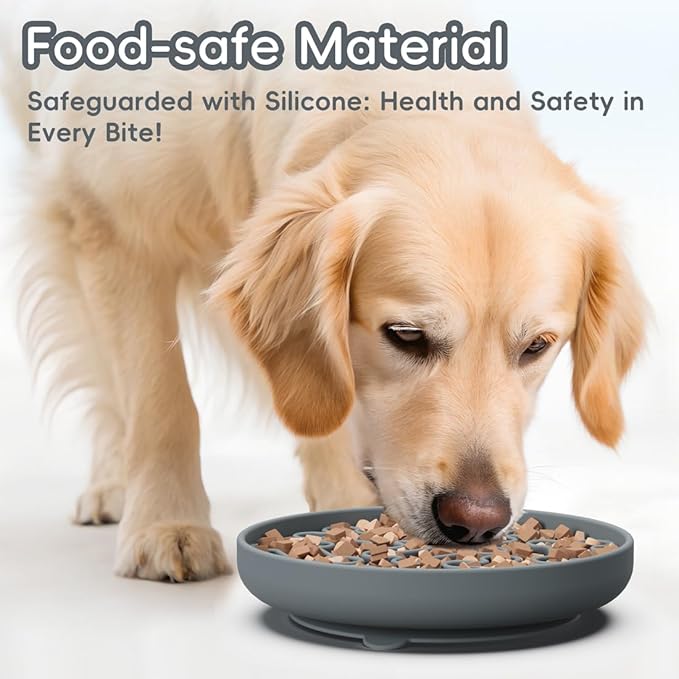 Silicone Slow Feeder Dog Bowl – Gray Bone Pattern | Food-Grade Non-Slip Dog Dish for Anti-Bloat, Fast Eating Prevention, 7.5” x 1.5”, Dishwasher Safe