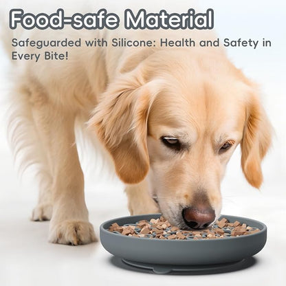 Silicone Slow Feeder Dog Bowl – Gray Bone Pattern | Food-Grade Non-Slip Dog Dish for Anti-Bloat, Fast Eating Prevention, 7.5” x 1.5”, Dishwasher Safe