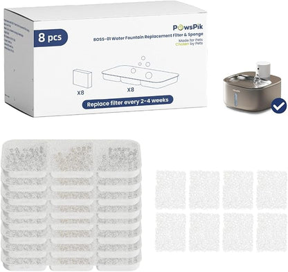 PawsPik® Replacement Filters for PawsPik BOSS-01 Wireless Stainless Steel Battery Operated Water Fountain, 8 Pack Filter & Sponges Set for 4 months of Replacement, 5 Layer Filtration