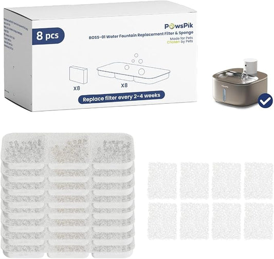 PawsPik® Replacement Filters for PawsPik BOSS-01 Wireless Stainless Steel Battery Operated Water Fountain, 8 Pack Filter & Sponges Set for 4 months of Replacement, 5 Layer Filtration
