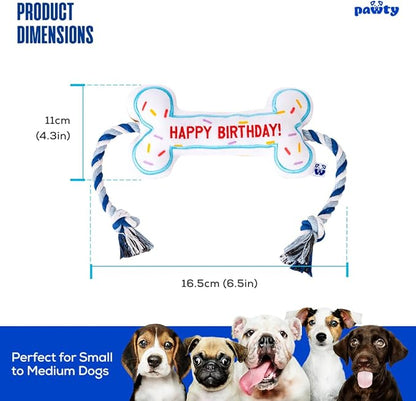 PAWTY Birthday Bone Dog Toy - Funny Interactive Tug Rope Squeaky Dog Birthday Gift - Plush White Bone Toy for Small Medium Dogs - Dog Birthday Party Supplies